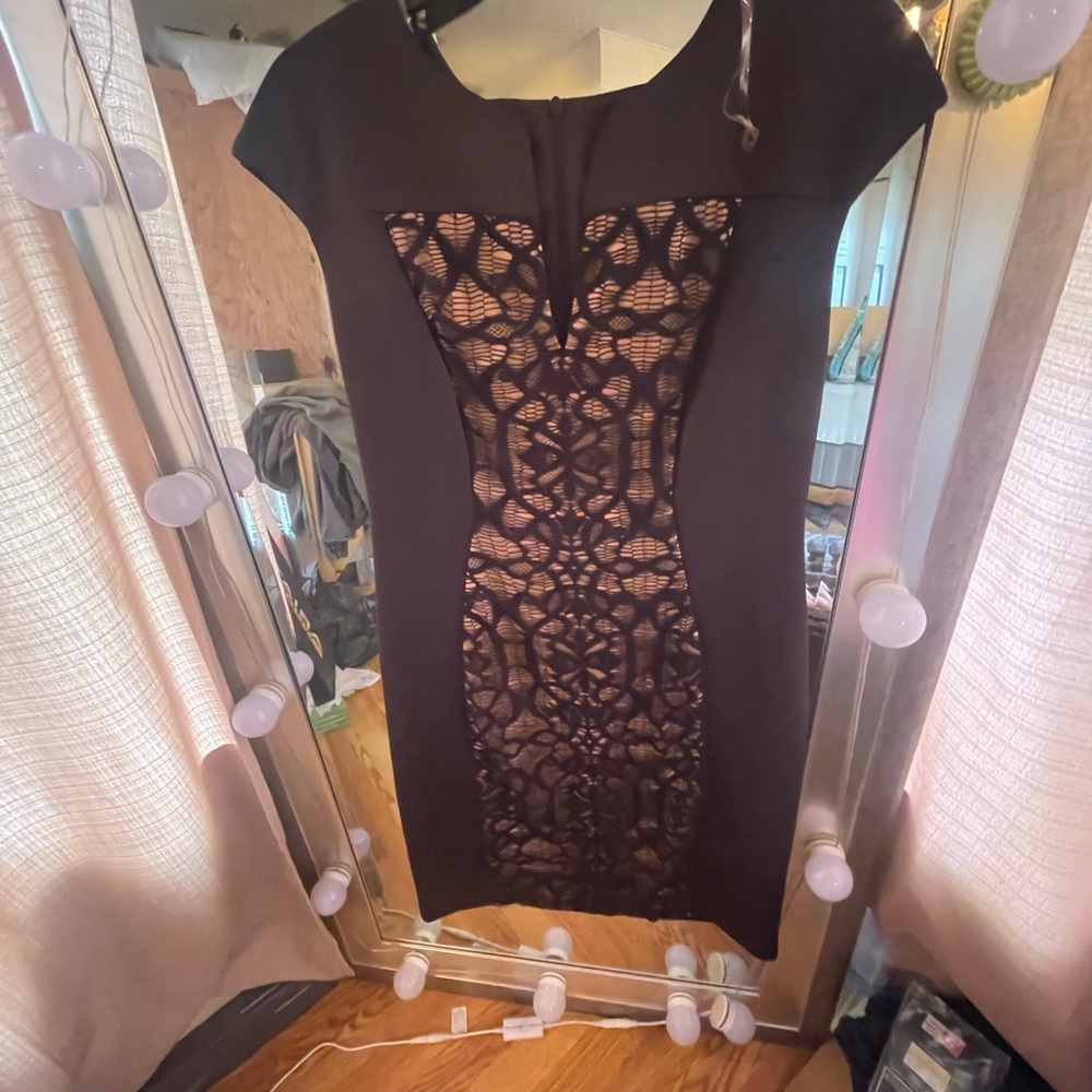 Connected Apparel Black and Nude Lace Midi Dress FORSALE